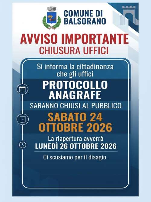 Chiusura temporanea Uffici Protocollo e Anagrafe nella giornata di sabato 24 ottobre 2026